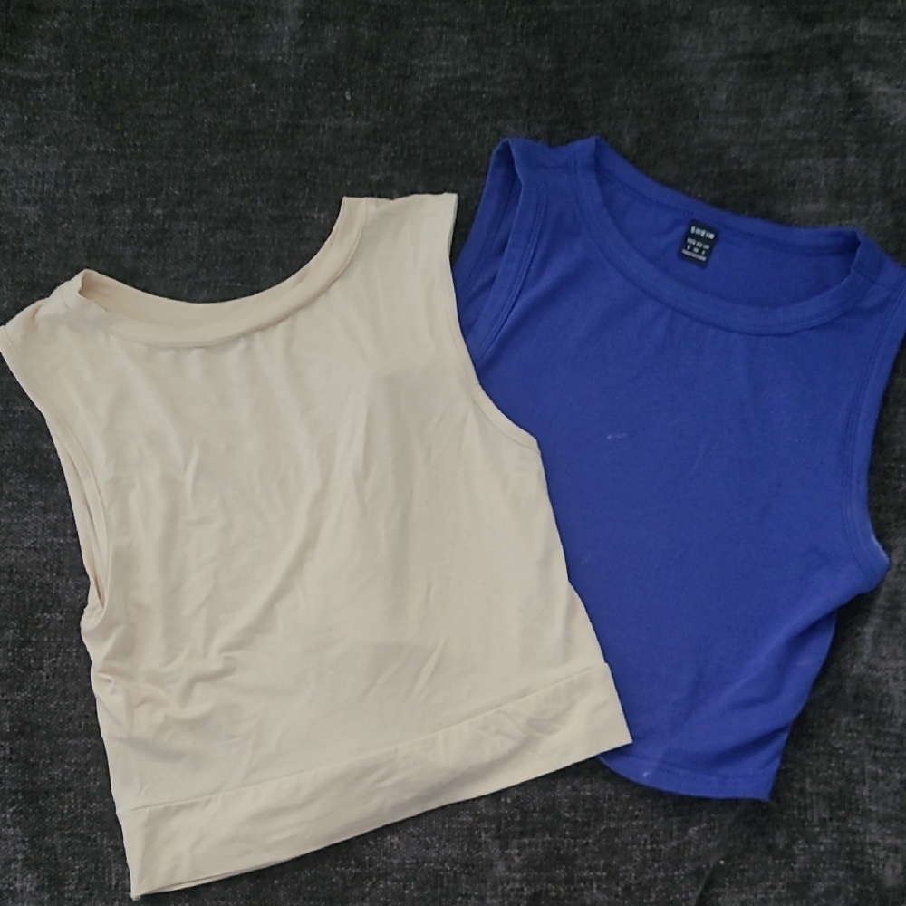 Cream and Blue Sleeveless Tops